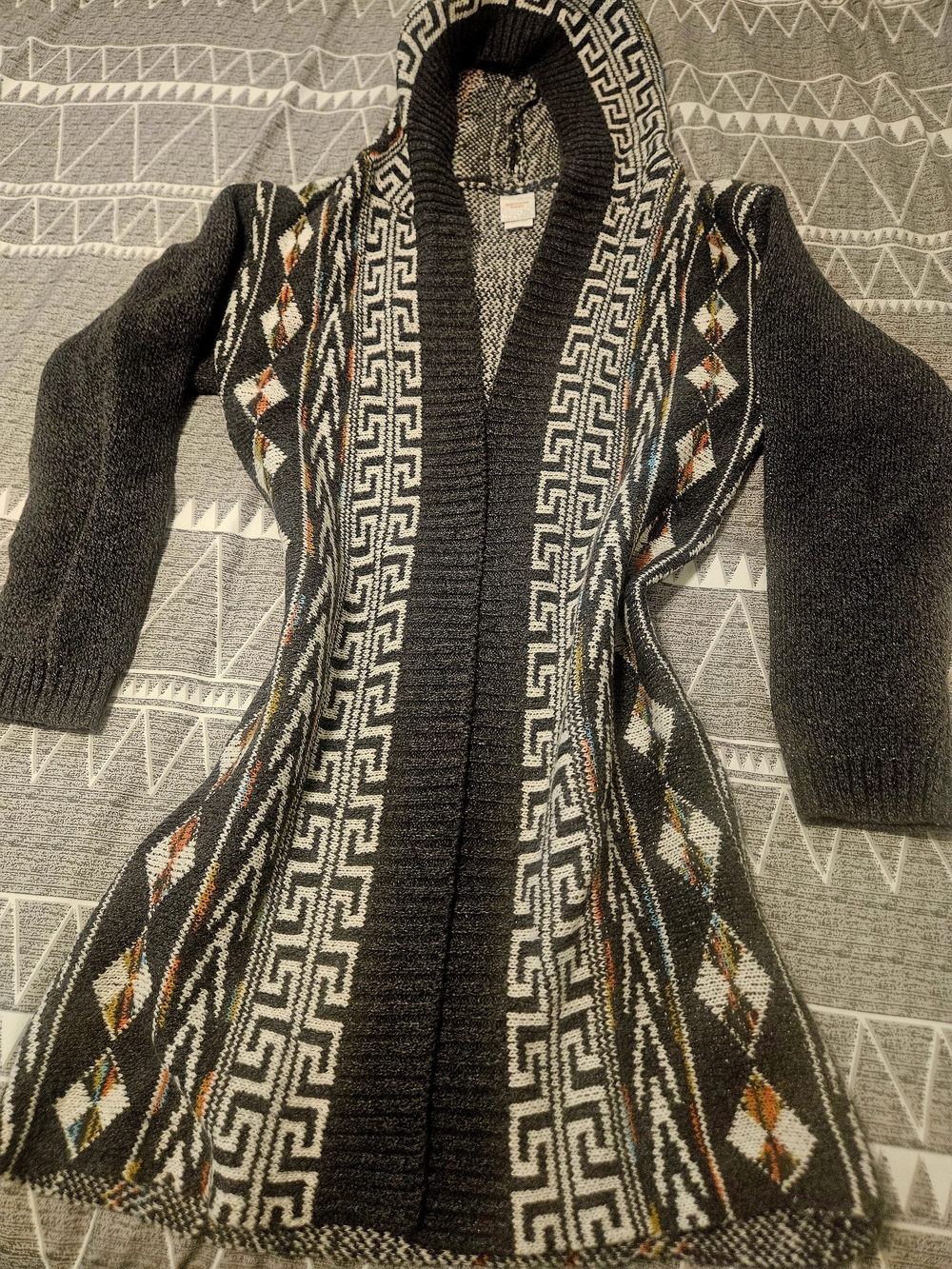 Charcoal Hooded Open-Front Aztec-Trim Cardigan Sweater
